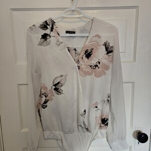 Dynamite White and Pink Wrap Blouse with Notched Collar